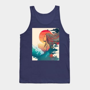 Ocean Waves And Girl With A Smiley Face, Hippie Style Tank Top